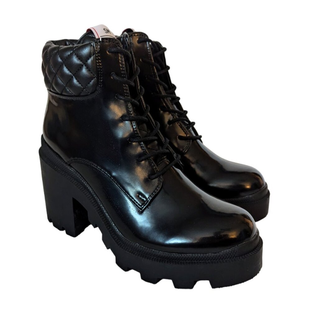 STEVE MADDEN Aryn Chunky Patent Quilted Boots 10 Black Shiny Patent PU Lace-Up